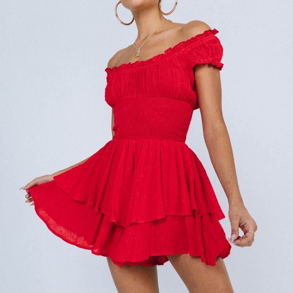 Princess Polly Red Off-Shoulder Ruffle Tiered Romper